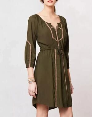 Edme & Esyllte Anthropologie Ribboned Olive Peasant Dress Boho Embroidered Folk